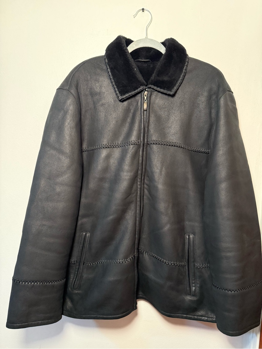 Men's Black Shearling-Trim Zip Pea Coat 100% Lambskin Size XL/EU 54